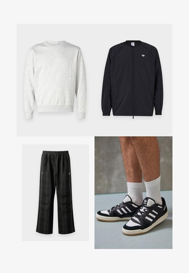 Veste légère noire avec fermeture éclair à l'avant, poignets élastiques et un petit logo blanc sur la poitrine gauche. Elle présente un design simple et épuré.; Sweatshirt gris en tissu doux. Présente un col rond, des manches longues, des poignets côtelés et un ourlet côtelé. Design simple et sans ornement.; Pantalons à carreaux noirs avec une taille élastique, deux poches avant et une coupe ample avec une conception à jambe droite. Fabriqués en matériau léger.; Baskets noir et blanc avec une tige en suède et cuir, comportant trois rayures blanches, un bout perforé et une semelle en caoutchouc gum.
