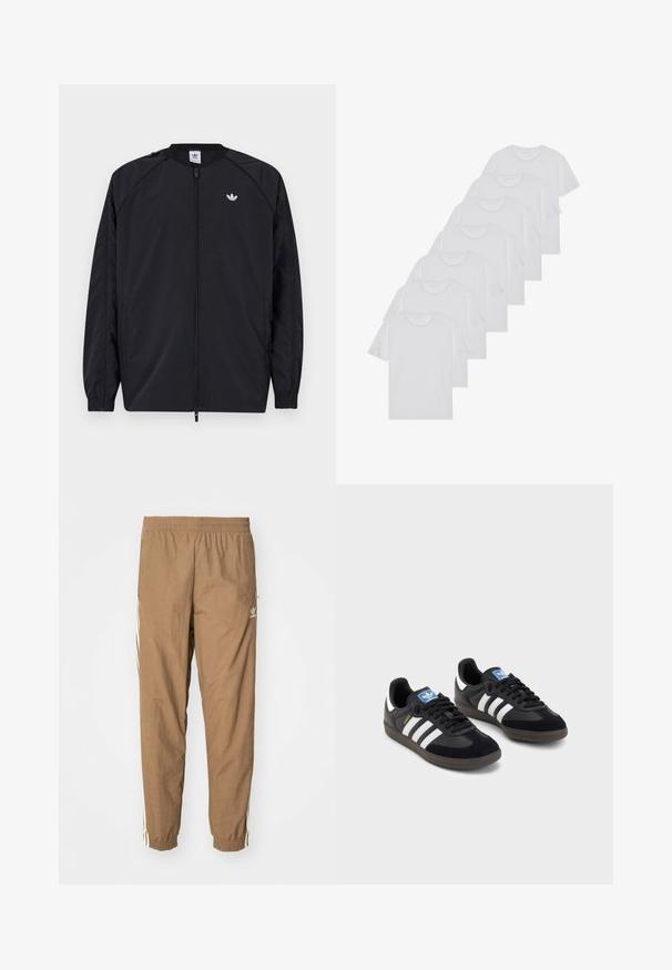 Černá bunda na zip s lehkým designem, elastickými manžetami a malým bílým logem na levé straně hrudi. Hladká textura.; Bílé bavlněné trička s krátkým rukávem, design s kulatým výstřihem, jednobarevná textura, naskládána do řady, s jemným brandingem na výstřihu.; Hnědé joggingové kalhoty vyrobené z lehké tkaniny, s elastickým pasem, zúženými nohavicemi a bílými bočními pruhy. Viditelné kapsy nejsou.; Černé tenisky s vrškem z semiše a syntetického materiálu, s třemi bílými pruhy, texturovanou gumovou podrážkou a modrou nášivkou loga na jazyku.