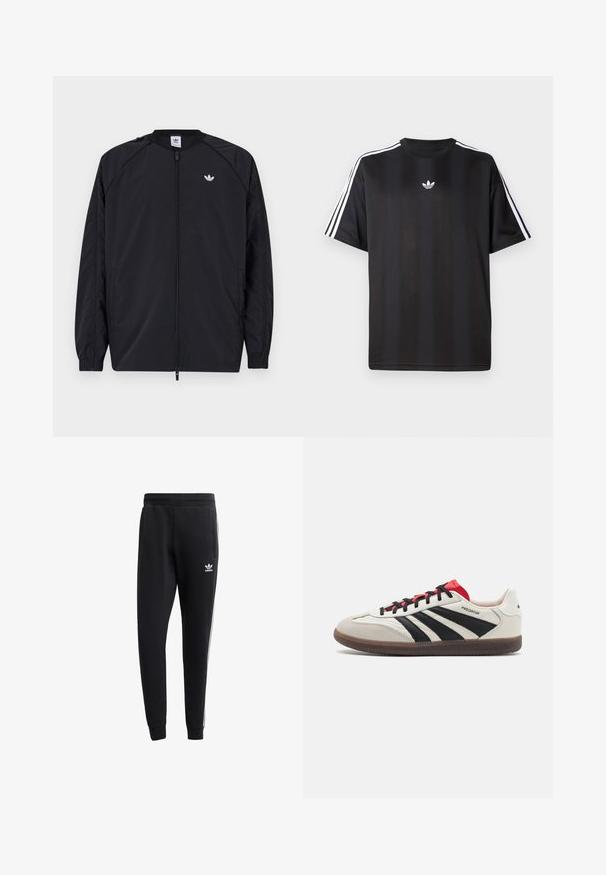 Veste légère noire avec fermeture éclair à l'avant, poignets élastiques et un petit logo blanc sur la poitrine gauche. Elle présente un design simple et épuré.; T-shirt noir à manches courtes avec des détails à trois rayures blanches sur les épaules et un petit logo blanc sur la poitrine. Texture de tissu lisse.; Pantalons de survêtement noirs en mélange de coton avec une coupe ajustée, poches latérales, détail en trois bandes blanches et un petit logo blanc sur la cuisse.; Baskets blanches et noires avec des accents rouges, offrant un dessus en cuir et en daim, trois rayures noires, des lacets plats et une semelle en caoutchouc texturée.