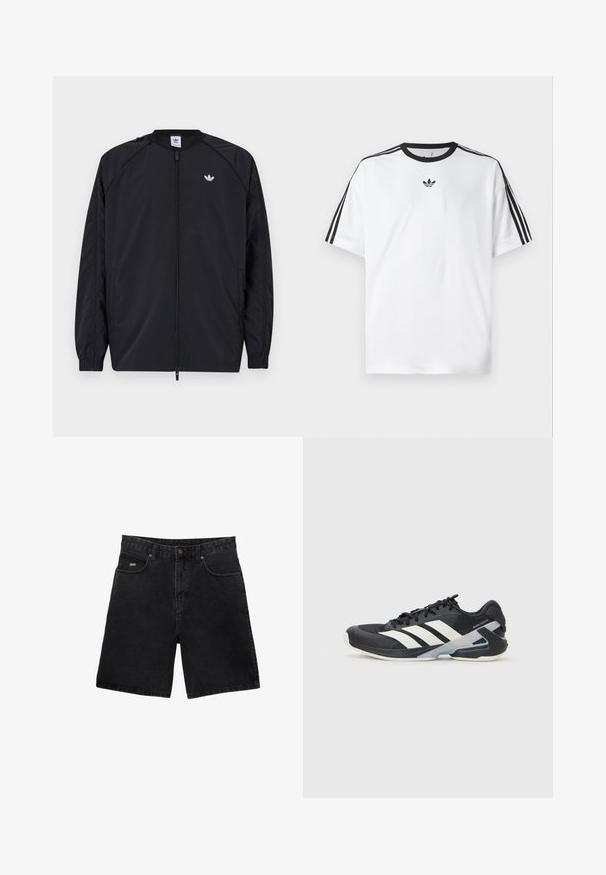 Mustat kevyet takki, jossa on vetoketjukiinnitys edessä, miellyttävät hihansuut ja pieni valkoinen logo vasemmassa rinnassa. Ominaisuudet sisältävät yksinkertaisen ja siistin muotoilun.; Valkoinen t-paita, joka on valmistettu puuvillasta, mustalla pyöreällä kaula-aukolla ja kolmella mustalla raidalla jokaisella olkapäällä. Pieni musta logo rinnassa.; Mustat farkkushortsit suoran leikkuun, viiden taskun, metallinappikiinnityksen ja hienovaraisella tuotemerkkilogolla etutaskussa.; Mustat urheilukengät valkoisilla raidoilla, verkkomateriaalia ylhäällä, pyöristetty kärki ja pehmustettu pohja. Varustettu teksturoidulla kantapäällä ja turvallisella nauhoitusjärjestelmällä.