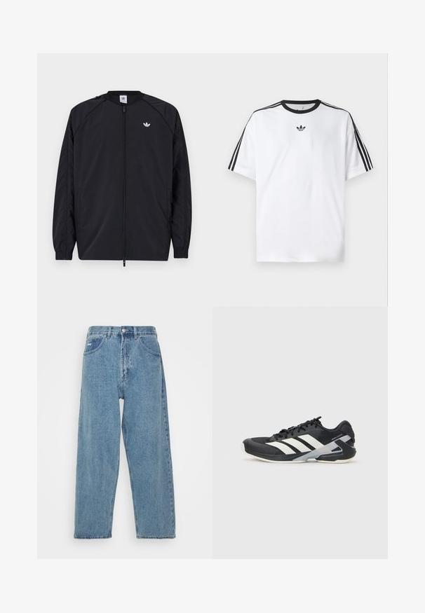 Casaco leve preto com fecho na frente, punhos elásticos e um pequeno logótipo branco no lado esquerdo do peito. Apresenta um design simples e limpo.; Camiseta branca em algodão, com gola redonda preta e três riscas pretas em cada ombro. Pequeno logótipo preto no peito.; Jeans de denim azul claro com cintura alta e corte relaxado, apresentando dois bolsos frontais, um bolso traseiro com etiqueta e fecho de botão.; Sapata atlética preta com riscas brancas, parte superior em malha, biqueira arredondada e sola acolchoada. Apresenta um calcanhar texturizado e um sistema de atacadores seguro.