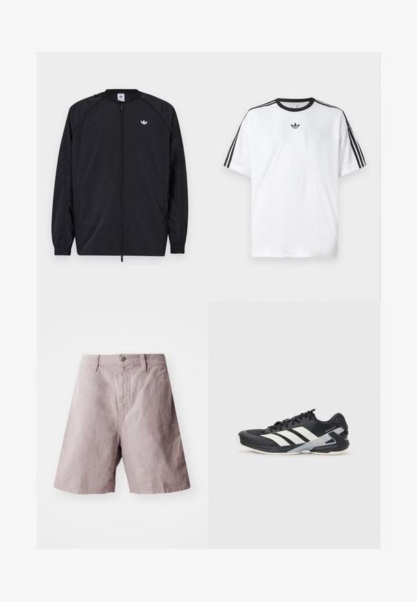 Crna lagana jakna s prednjim patentnim zatvaračem, elastičnim manžetama i malim bijelim logotipom na lijevoj hali. Ima jednostavan, čist dizajn.; Bijela majica od pamuka, s crnim okruglim izrezom i tri crne pruge na svakom ramenu. Mali crni logo na prsima.; Svijetloplave pamučne kratke hlače s ravnim pojasom, prednjim dugmetom za zatvaranje i bočnim džepovima. Glatka tekstura s opuštenim krojem.; Crne atletske cipele s bijelim prugama, mrežasta gornja strana, zaobljeni prst i podstavljeni đon. Imaju teksturiranu petu i siguran sustav vezivanja.
