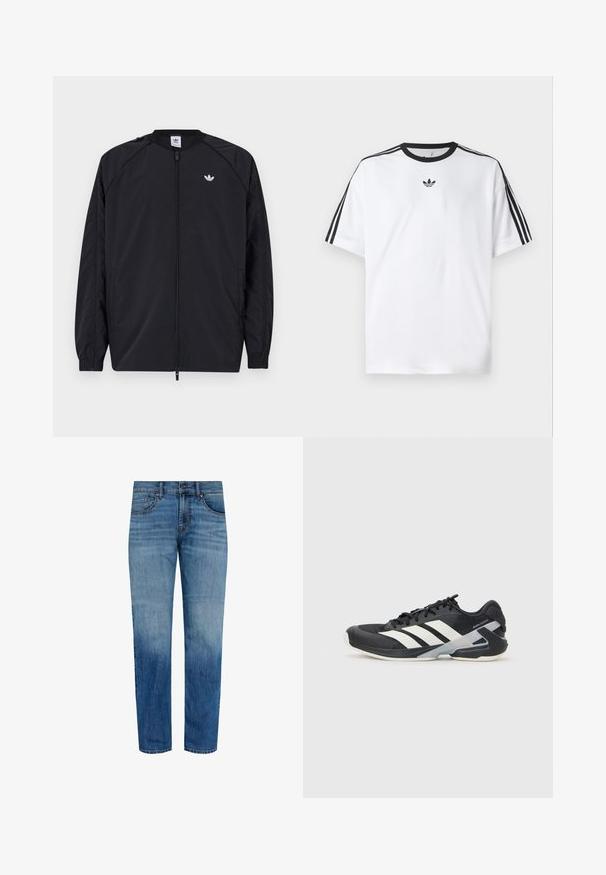 Giacca leggera nera con zip frontale, polsini elasticizzati e un piccolo logo bianco sul petto sinistro. Presenta un design semplice e pulito.; Maglietta bianca in cotone, con scollatura rotonda nera e tre strisce nere su ciascuna spalla. Piccolo logo nero sul petto.; Jeans in denim azzurro chiaro con design a gamba dritta, caratterizzati da dettagli sbiaditi, cinque tasche e una vita classica con chiusura a bottone.; Scarpa sportiva nera con strisce bianche, tomaia in rete, punta arrotondata e suola ammortizzata. Presenta un tallone testurizzato e un sistema di allacciatura sicuro.