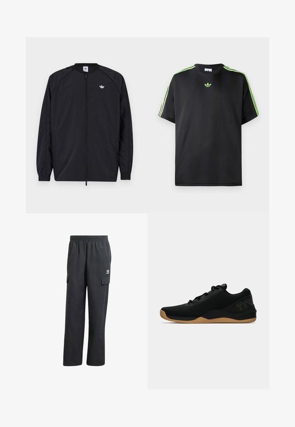 Black lightweight jacket with a zip front, elastic cuffs, and a small white logo on the left chest. Features a simple, clean design.; Black T-shirt made of smooth fabric with a crew neckline, featuring three green stripes on the shoulders and a small green logo on the chest.; Black cargo pants with an elastic waistband, two side pockets, and a subtle logo on the left thigh. Made from a lightweight fabric.; Black athletic shoes with a textured mesh upper, lace-up design, and a rubber gum sole. Features subtle branding in blue on the heel.