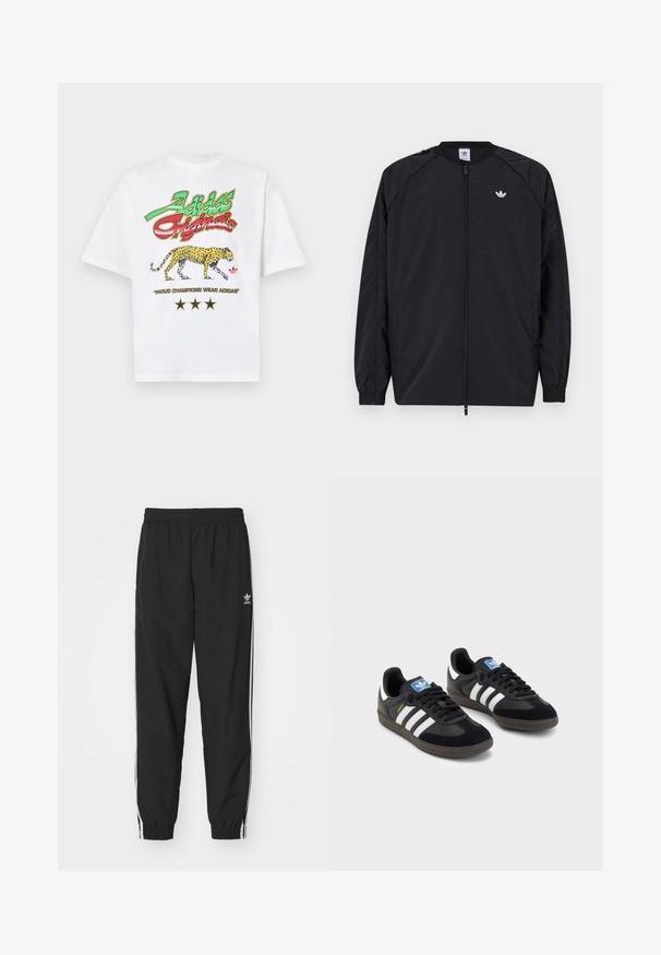 Μαύρο ελαφρύ μπουφάν με φερμουάρ μπροστά, ελαστικούς καρπούς και ένα μικρό άσπρο λογότυπο στο αριστερό στήθος. Διαθέτει απλό, καθαρό σχέδιο.; Λευκό βαμβακερό μπλουζάκι με πολύχρωμα γραφικά: "Adidas Originals," μια λεοπάρδαλη και "Οι Περήφανοι Πρωταθλητές Φοράνε Adidas" με τρία μαύρα αστέρια.; Μαύρη φόρμα με ελαστική μέση και μανσέτες, με λευκές ρίγες στο πλάι και ένα μικρό λευκό λογότυπο της Adidas στο αριστερό ισχίο.; Μαύρα αθλητικά παπούτσια με επάνω μέρος από σουέτ και συνθετικό υλικό, με τρεις λευκές ρίγες, υφασμάτινη σόλα από καουτσούκ και μπλε ταυτότητα λογότυπου στη γλώσσα.