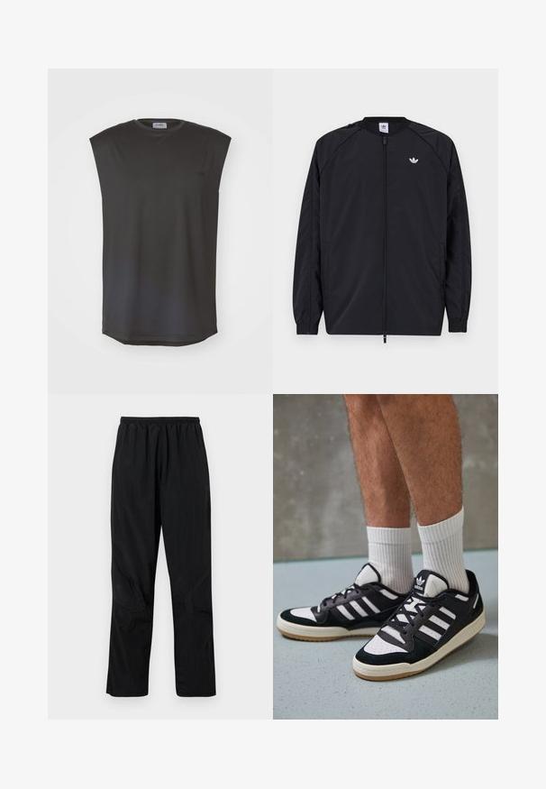 Chaqueta ligera negra con cremallera en la parte delantera, puños elásticos y un pequeño logo blanco en el lado izquierdo del pecho. Presenta un diseño simple y limpio.; ICANIWILL STRIDE SLEEVELESS MEN - Top - graphite; Pantalones de nylon negros con una cinturilla elástica, que presentan un acabado ligero y texturizado y acentos en las costuras para un diseño moderno.; Zapatillas en blanco y negro con parte superior de ante y cuero, que presentan tres franjas blancas, una puntera perforada y una suela de goma.