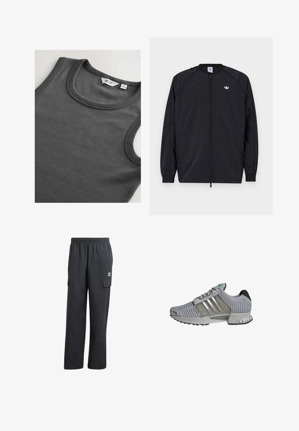 Czarna, lekka kurtka z zamkiem z przodu, elastycznymi mankietami i małym białym logo po lewej stronie klatki piersiowej. Charakteryzuje się prostym, czystym wzornictwem.; Ciemnoszara, żebrowana, bezrękawnik z okrągłym dekoltem i widoczną metką na kołnierzyku.; Czarne spodnie cargo z elastycznym paskiem w talii, dwoma bocznymi kieszeniami i subtelnym logo na lewym udzie. Wykonane z lekkiego materiału.; Szare buty sportowe z teksturowaną siateczką u góry, przezroczystymi akcentami i trzema srebrnymi paskami. Posiadają amortyzującą podeszwę oraz gumową podeszwę zewnętrzną.