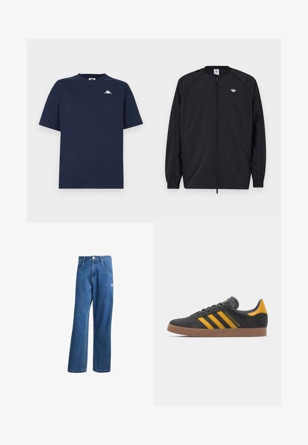 Černá lehká bunda s předním zipem, elastickými manžetami a malým bílým logem na levé hrudi. Vyznačuje se jednoduchým a čistým designem.; Námořnická modrá krátkosrstá tričko s kulatým výstřihem, se malým bílým logem dvou sedících postav zády k sobě na horní levé části hrudi.; Modré vysoké široké džíny s vysokým pasem, předními kapsami, poutky na opasek, knoflíkovým zapínáním a malým logem Adidas na pravém stehně.; Černé semišové tenisky se žlutými akcenty, vybavené třemi pruhy a hnědou gumovou podrážkou. Obsahují polstrovaný jazyk pro pohodlí.