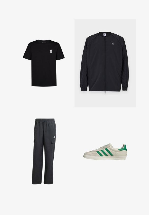 Zwarte lichtgewicht jas met een ritssluiting aan de voorkant, elastische manchetten en een klein wit logo op de linkerborst. Heeft een eenvoudig, strak ontwerp.; Zwarte katoenen T-shirt met korte mouwen en een ronde hals. Beschikt over een klein rond logo op de linkerborst. Eenvoudig ontwerp.; Zwarte cargobroek met een elastische tailleband, twee zijzakken en een subtiel logo op de linker dij. Gemaakt van een lichtgewicht stof.; Beige sneaker met groene strepen, voorzien van een witte zool en een bovenkant van glad leer. Zijaanzicht dat de veters en het logo benadrukt.
