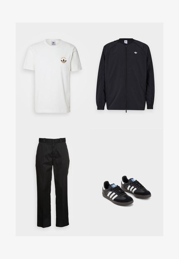 Casaco leve preto com fecho na frente, punhos elásticos e um pequeno logótipo branco no lado esquerdo do peito. Apresenta um design simples e limpo.; adidas Originals TEE - T-shirt estampada - off white; Calças pretas feitas de um tecido suave, com um design de perna reta, passadores de cinto e dois bolsos laterais. Aspeto clássico sem adornos.; Sneakers pretos com parte superior em camurça e sintético, apresentando três riscas brancas, sola de borracha texturizada e etiqueta azul no linguete.