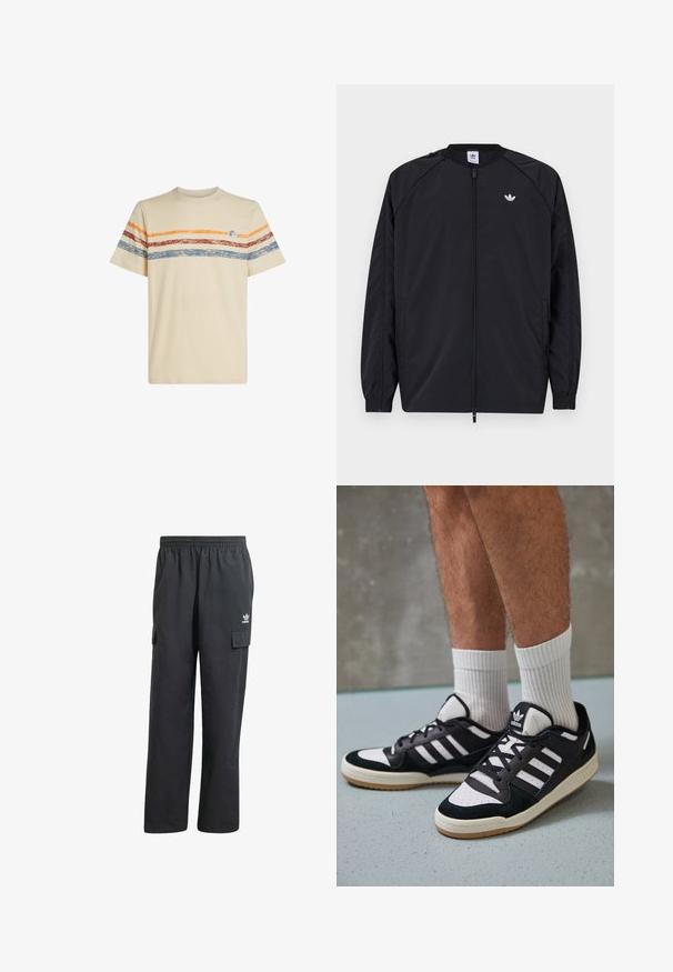 Černá lehká bunda s předním zipem, elastickými manžetami a malým bílým logem na levé hrudi. Vyznačuje se jednoduchým a čistým designem.; Krémové bavlněné tričko s vodorovnými pruhy v oranžové, červené a modré barvě. Krátké rukávy, kulatý výstřih a malá logo detail na hrudi.; Černé cargo kalhoty s elastickým pasem, dvěma bočními kapsami a decentním logem na levém stehně. Vyrobeno z lehkého materiálu.; Černobílé tenisky s vrchní částí z semišové a kožené kůže, včetně tří bílých pruhů, perforovaného špičky a podrážky z gumy.