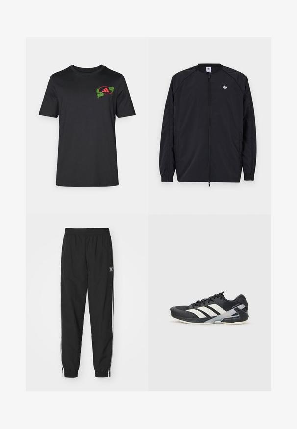 Černá lehká bunda s předním zipem, elastickými manžetami a malým bílým logem na levé hrudi. Vyznačuje se jednoduchým a čistým designem.; Černé bavlněné tričko s kulatým výstřihem. Má živý zelený a červený grafický design na levé části hrudi, který zahrnuje palmové listy a logo.; Černé tepláky s elastickým pasem a manžetami, se světlými bočními pruhy a malým bílým logem Adidas na levém boku.; Černá sportovní obuv s bílými pruhy, síťovaným svrškem, zaoblenou špičkou a polstrovanou podrážkou. Obsahuje texturovanou patu a bezpečný systém šněrování.
