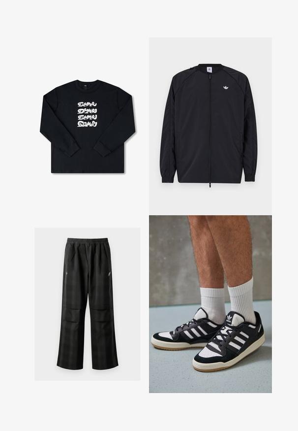 Must 黑色轻便夹克,带拉链前襟,弹性袖口,左胸有一个小白色标志。特点是简单、干净的设计。; Must värviga pikad varrukad särk, millel on ees stiliseeritud kirjatüppes korduv valge graafiline logo. Valmistatud pehmest kangast.; Mustas ruudulised püksid, millel on elastne vöökoht, kaks esimest taskut ja laiem lõige sirge jala disainiga. Valmistatud kergest materjalist.; Mustvalged ja valged spordijalatsid, mille pealmine osa on valmistatud suede'ist ja nahast. Kingadel on kolm valget riba, auguline varvas ja kummist tald.