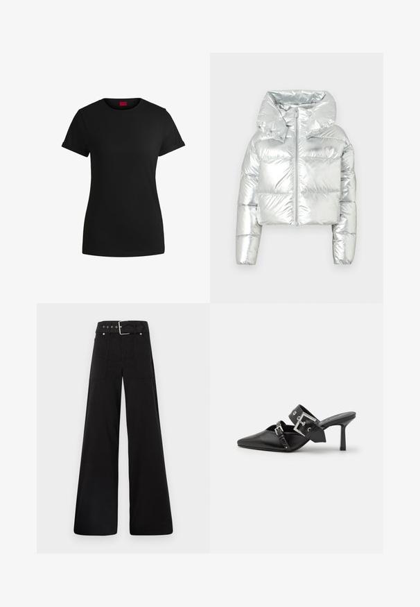 Hõbedane metallik pufferi jope, millel on lühendatud disain, ülemõõduline kapuuts, lukuga sulgemine ja tikitud tekstuur; omab elastseid mansette.; Must must t-särk lühikeste keeratud varrukatega, ümmarguse kaeluse ja punase etiketiga. Sile tekstuur, sobiv kuju minimaalsete detailidega.; Mustad laiad mustad püksid, mis on valmistatud puuvillast, kõrge vöökoha, suurte küljetaskute ja kumerate rihmadega, kus on hõbedased detailid.; Mustad mustad kõrged kontsad, terava toe ja siledast nahast. Omab laia pahkluu rihma ruudukujulise hõbedase klambri ja nurgakujuliste naeltega.