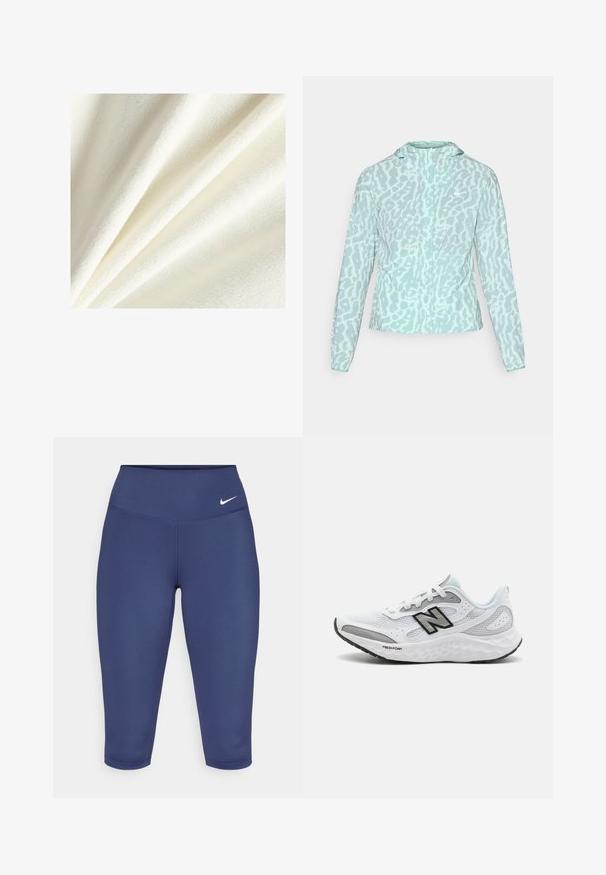 Chaqueta azul clara con un estampado de leopardo, que cuenta con una capucha y mangas largas, hecha de una tela lisa y ligera.; Tela de forro blanca con una textura suave y esponjosa, mostrando fibras lisas y ligeramente elevadas, dispuestas en suaves pliegues.; Leggings capri de color azul marino, fabricados con tela elástica, con una cintura ancha y un pequeño logo blanco en el lado izquierdo. Sin costuras visibles.; Zapatillas deportivas blancas con parte superior de malla, acentos en negro y gris, diseño ligero, amortiguación Fresh Foam y suela de goma texturizada.