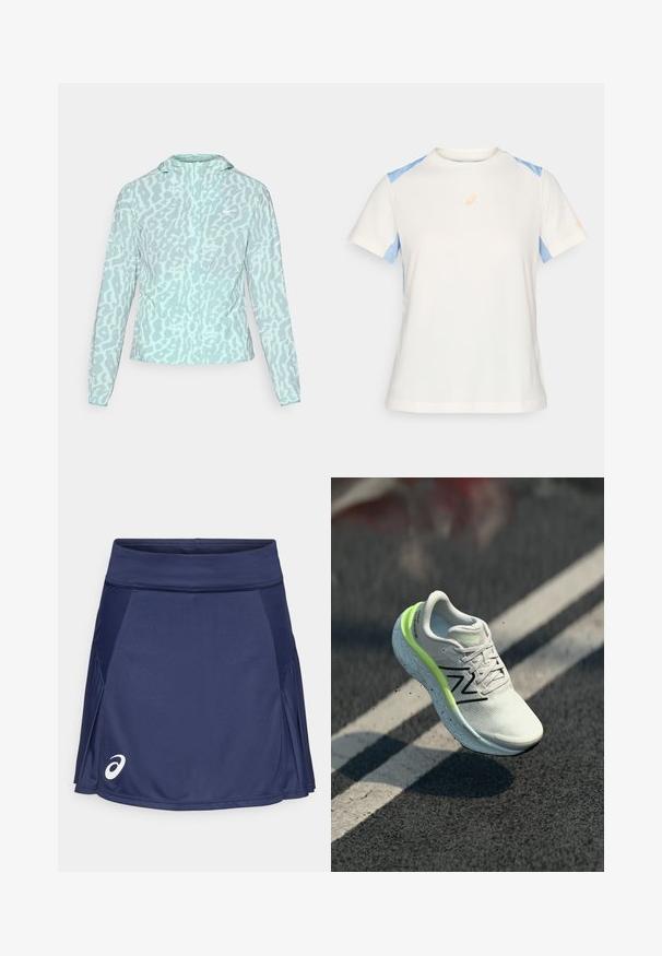 Soeharnas sinine jakk leopardimustriga, millel on kapuuts ja pikad varrukad, valmistatud siledast ja kergest kangast.; Kerge lühikeste varrukatega t-särk kreemjas värvitas, millel on sinised õlavarred. Sellel on oranž logo rinnal ja kontrastsete õmbluste detailid.; Navi sinine tennisseelik, mis on valmistatud polüestrisegmendist, sujuva vöökoha, volditud kujunduse ja valge logoga alumisel vasakul küljel.; Valge ja neoonroheline New Balance'i jooksujalats on õhus asfaldi kohal, millel on valged teepiirded.