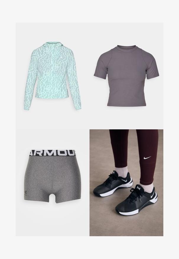 Soeharnas sinine jakk leopardimustriga, millel on kapuuts ja pikad varrukad, valmistatud siledast ja kergest kangast.; Lühikeste varrukatega kõrge kaelusega topp ribaliselt hallist kangast. Üks liigend disain siledate õmblustega ja sujuva tekstuuriga. Mustrit ega graafikat ei ole.; Hallide hallid, mis on valmistatud tekstuurses materjalis, sobiva lõikega. Omab laia musta vöökohta, millel on valgete tähemärkidega "ARMOUR".; Mustad mustat spordijalatsid tekstuurse pealse ja valgete aktsentidega, koos paelte ja külglogoga. Kanda tumepruunide leggingsidega ja heledate sokkidega.