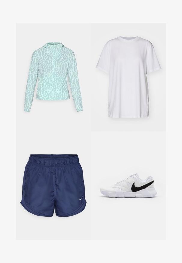 Helles blaues Jacket mit Leopardenmuster, ausgestattet mit Kapuze und langen Ärmeln, aus einem glatten, leichten Stoff gefertigt.; Weißes, übergroßes T-Shirt aus Baumwolle mit Rundhalsausschnitt, kurzen Ärmeln und seitlichen Schlitzen für eine entspannte Passform. Glatte Textur.; Marineblaue Sportshorts mit einem elastischen Bund und seitlichen Mesh-Einsätzen. Auf der unteren linken Seite befindet sich ein kleines weißes Nike-Logo.; Weißer Sportschuh mit Obermaterial aus strukturiertem Leder, einem schwarzen Swoosh-Logo und einem gepolsterten Schaft. Verfügt über eine Gummisohle für besseren Halt.