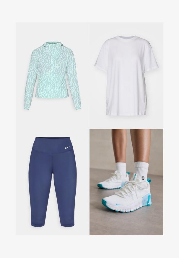 Casaco azul claro com padrão de estampado de leopardo, apresentando um capuz e mangas longas, feito de um tecido suave e leve.; Camiseta oversized branca feita de algodão, com decote redondo, mangas curtas e rachas laterais para um ajuste descontraído. Textura suave.; Leggings capri azul marinho feitos de tecido elástico, com uma cintura larga e um pequeno logo branco no lado esquerdo. Sem costuras visíveis.; Tênis atléticos brancos com detalhes em turquesa, parte superior texturizada, sola flexível e atacadores. Usados com meias brancas cano curto.