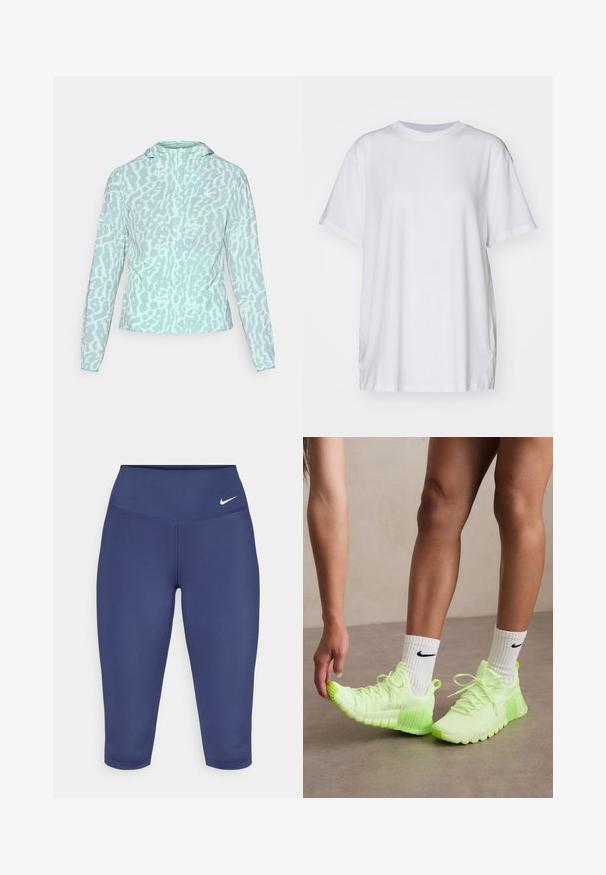 Casaco azul claro com padrão de estampado de leopardo, apresentando um capuz e mangas longas, feito de um tecido suave e leve.; Camiseta oversized branca feita de algodão, com decote redondo, mangas curtas e rachas laterais para um ajuste descontraído. Textura suave.; Leggings capri azul marinho feitos de tecido elástico, com uma cintura larga e um pequeno logo branco no lado esquerdo. Sem costuras visíveis.; Sapatos de desporto verde néon com sola texturizada, design com atacadores e um logótipo branco da Nike de lado. Usados com meias brancas com detalhes pretos.