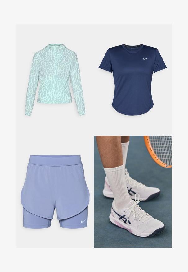 Lyseblå jakke med leopardsmønster, med hette og lange ermer, laget av et glatt, lett materiale.; Marineblå trenings T-skjorte med korte ermer, rund hals og Nike-logo på brystet. Laget av glatt, lett materiale.; Nike-shorts i lys lilla, med et lagdelt design som har et innvendig tettsittende fôr og en løs ytre passform. Elastisk midjebånd for komfort.; Hvite tennissko med teksturert overdel, mørkeblå detaljer og lyse rosa såle. Brukt med ribbede hvite sokker.