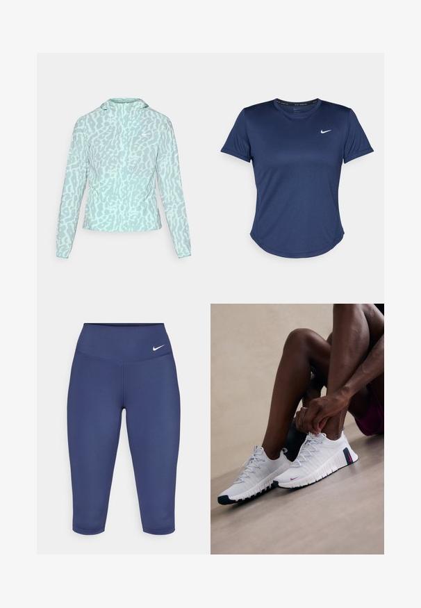 Soeharnas sinine jakk leopardimustriga, millel on kapuuts ja pikad varrukad, valmistatud siledast ja kergest kangast.; Tume sinine sportlik T-särk lühikeste varrukatega, ümar kaelus ja Nike logo rinnal. Valmistatud siledast, kergest kangast.; Tumesinised kapri legginsid, mis on valmistatud elastsetest kangast, laia vöökoha ja väikese valge logoga vasakul küljel. Nähtavad õmblused puuduvad.; Valged sportlikud jalatsid tekstureeritud pindadega, roosa aktsentidega ja mustade tallaga. Omab paelaga kinnitust ja pehmet tallatootlust mugavuse tagamiseks.