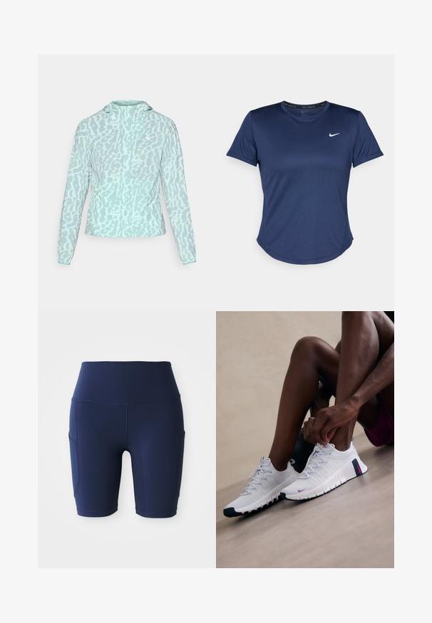 Vaaleansininen takki, jossa on leopardi-printti, hupullinen ja pitkähihainen, valmistettu sileästä ja kevyestä kankaasta.; Meriinisininen urheilupaita lyhyillä hihoilla, pyöreällä kaula-aukolla ja Nike-logolla rintamalla. Valmistettu sileästä, kevyestä kankaasta.; Tummansininen, korkea vyötärö, joustavasta ja sileästä kankaasta valmistetut pyöräilyshortsit; sisältävät sivutaskut ja tiukan muotoilun.; Valkoiset urheilukengät, joissa on teksturoitu pinta, vaaleanpunaisia yksityiskohtia ja mustat pohjat. Kenkätyyli on nauhakiinnitteinen ja niissä on pehmeä pohja mukavuutta varten.