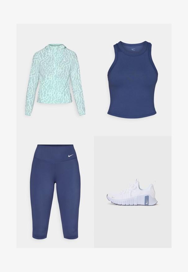 Soeharnas sinine jakk leopardimustriga, millel on kapuuts ja pikad varrukad, valmistatud siledast ja kergest kangast.; Tumesinine sporditop, millel on liibuv disain, ümmargune kaelus ja sile tekstuur. Omab minimaalseid õmblusi ja nähtavat brändi pole.; Tumesinised kapri legginsid, mis on valmistatud elastsetest kangast, laia vöökoha ja väikese valge logoga vasakul küljel. Nähtavad õmblused puuduvad.; Valged Nike tossud, millel on tekstuuriga ülemine osa, lilla aksentidega põhjas ja logos, ning paindlik ja soonikuline välispõhi haardeks.