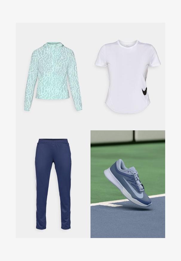 Ανοιχτό μπλε μπουφάν με λεοπάρ σχέδιο, διαθέτει κουκούλα και μακριά μανίκια, φτιαγμένο από λεία, ελαφριά ύλη.; Λευκή αθλητική μπλούζα κοντό μανίκι, κατασκευασμένη από απαλό ύφασμα, με το λογότυπο της Nike σε μαύρο χρώμα στην αριστερή πλευρά και καμπυλωτή τελείωση στο κάτω μέρος.; Ναυτικές αθλητικές παντελόνες από μαλακό ύφασμα, με κομψό σχέδιο, ελαστική μέση και λευκές πλαϊνές λωρίδες. Περιλαμβάνουν δύο τσέπες.; Αθλητικά παπούτσια σε ανοιχτό μπλε και ναυτικό, με υφή επάνω μέρος, επίπεδες κορδόνες και ελαφριά λευκή σόλα. Υψωμένα πάνω από μια επιφάνεια γηπέδου.