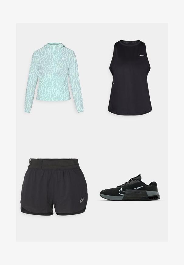 Jasnoniebieska kurtka z wzorem w panterę, z kapturem i długimi rękawami, wykonana z gładkiego, lekkiego materiału.; Czarny bezrękawnik biegowy wykonany z lekkiego materiału, z okrągłym dekoltem; ma subtelne logo oraz boczne rozcięcia dla lepszej wentylacji.; Czarne krótkie spodenki biegowe z siateczkowym pasem, o gładkiej fakturze, krótkiej długości i małym logo na dolnej prawej stronie.; Czarny but sportowy z siateczkową cholewką, szarymi akcentami i teksturowaną podeszwą środkową. Posiada wyraźne logo i sznurowaną konstrukcję. Gumowa podeszwa zewnętrzna zapewnia przyczepność.