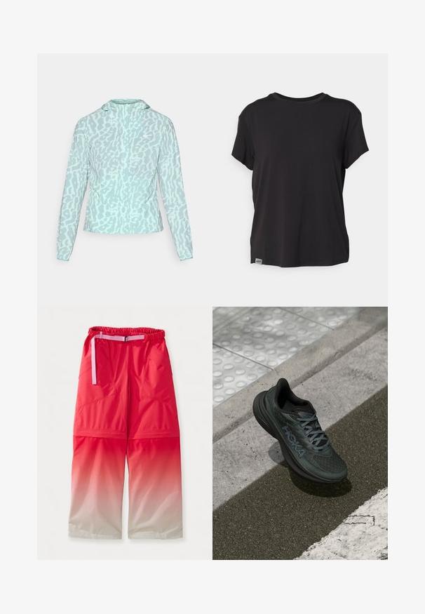 Vaaleansininen takki, jossa on leopardi-printti, hupullinen ja pitkähihainen, valmistettu sileästä ja kevyestä kankaasta.; Musta lyhythihainen t-paita, joka on valmistettu pehmeästä kankaasta ja jossa on pyöreä kaula-aukko sekä pieni logotagg ala vasemmassa helmahiressä.; Punaiset gradient-housut, joissa on elastinen vyötärö ja säädettävä vaaleanpunainen vyö. Varustettu kahdella sivutaskulla ja sileällä, vedenpitävällä pinnalla.; Musta juoksukenkä, jossa on verkkopäällinen, tekstuuriset yksityiskohdat ja logo. Kenkässä on pehmeä pohja ja harmaat nauhat, ja se on asetettu asfaltin päälle.