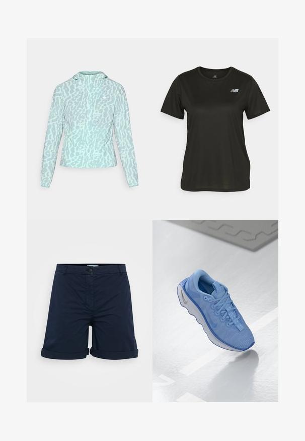 Šviesiai mėlynas švarkas su leopardo raštu, turintis gobtuvą ir ilgomis rankovėmis, pagamintas iš lygaus, lengvo audinio.; Juodas trumpomis rankovėmis marškinėliai, pagaminti iš lygios medžiagos, su apvaliu kaklu ir atspindinčiu baltu logotipu kairiajame krūtinės rauninyje.; Mėlyni šortai, pagaminti iš medvilnės, su sukamu hemu, mygtuko uždarymu, plokščiu priekiu ir be matomų raštų ar akcentų.; Šviesiai mėlynas sportinis batelis su tekstūruotu tinkleliu viršuje, su raišteliais iš priekinės pusės, paminkštintu apykakle ir permatomu padu su bangų raštu. Sidabrinis logotipo akcentas.