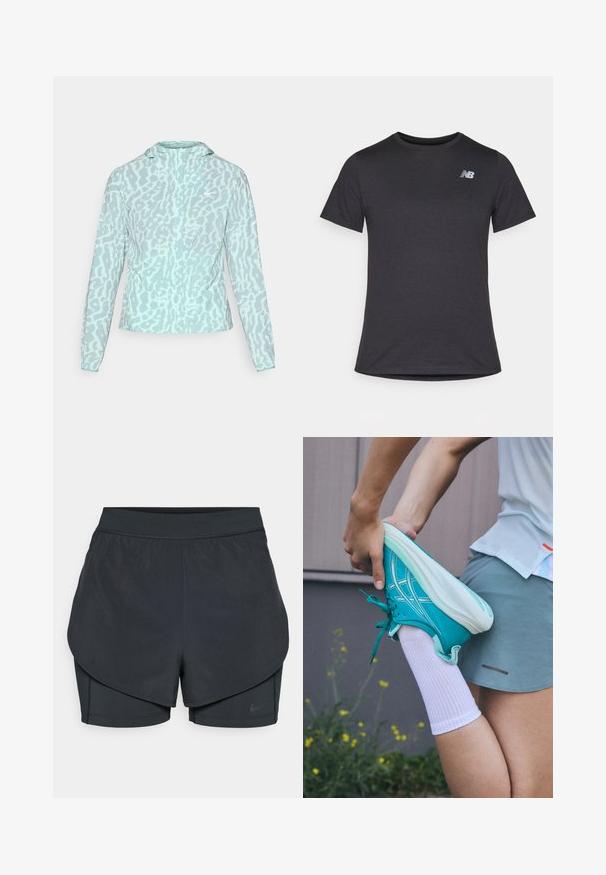 Casaco azul claro com padrão de estampado de leopardo, apresentando um capuz e mangas longas, feito de um tecido suave e leve.; T-shirt preta de manga curta feita de tecido suave, com um pequeno logótipo cinza da New Balance no canto superior esquerdo do peito, design clássico de decote redondo.; Calções desportivos pretos com um design em camadas, apresentando uma camada exterior suave e calções interiores ajustados. Feitos de um tecido leve e elástico.; Sapatilha atlética turquesa com uma superfície texturizada, atacadores brancos e sola branca. Pessoa a esticar a perna usa uma meia branca e calções atléticos cinzentos.