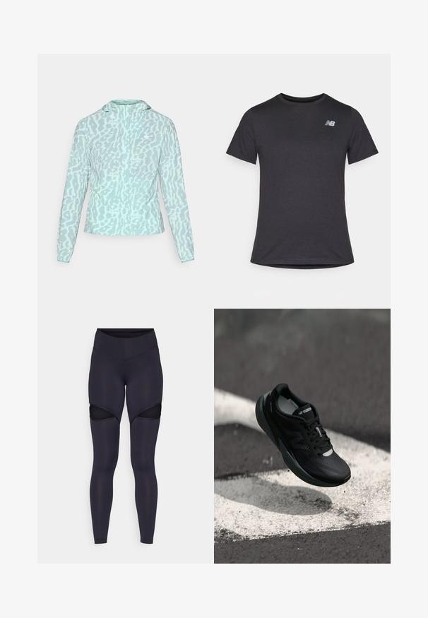 Fénykék dzseki leopárdmintával, kapucnival és hosszú ujjal, sima, könnyű anyagból készült.; Fekete, rövid ujjú póló puha anyagból, a bal felső mellrészen egy kis szürke New Balance logóval, klasszikus kerek nyakú fazonnal.; Felső derékig érő fekete leggings, térdnél kivágott részekkel, sima textúrával és testhezálló kialakítással.; Fekete futócipő textúrált felsőrésszel, karcsú dizájnnal és fényvisszaverő részletekkel. Puha, párnázott talppal a kényelem érdekében.