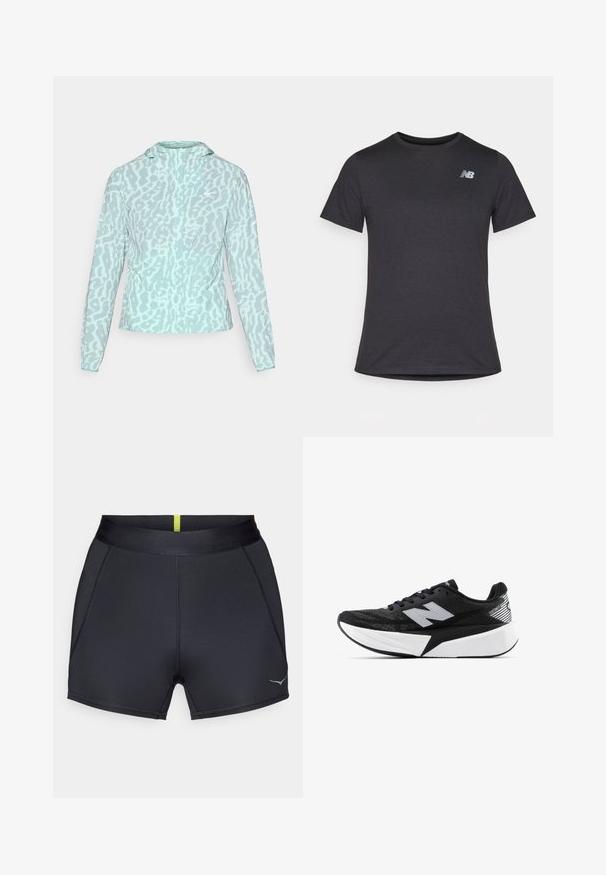 Fénykék dzseki leopárdmintával, kapucnival és hosszú ujjal, sima, könnyű anyagból készült.; Fekete, rövid ujjú póló puha anyagból, a bal felső mellrészen egy kis szürke New Balance logóval, klasszikus kerek nyakú fazonnal.; Fekete sportnadrág sima textúrával, széles gumis derékkal és karcsú szabással. A hátsó részen egy vékony sárga csík látható.; Fekete-fehér New Balance futócipő vastag talppal, hálós felsőrésszel és "N" logóval az oldalon, külső nézetből.