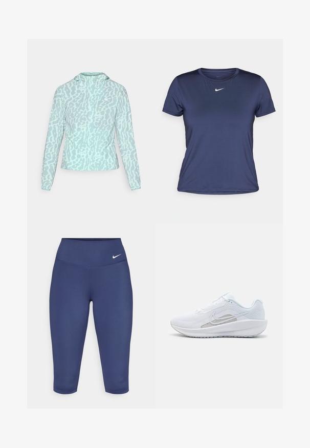 Giacca azzurra chiara con motivo a leopardo, dotata di cappuccio e maniche lunghe, realizzata in un tessuto liscio e leggero.; T-shirt atletico a maniche corte di colore blu navy realizzato in un tessuto leggero e liscio, con un piccolo logo Nike bianco sul petto.; Leggings capri blu navy realizzati in tessuto elastico, dotati di un ampio bordo in vita e di un piccolo logo bianco sul lato sinistro. Nessuna cucitura visibile.; Scarpa sportiva bianca con tomaia in rete, punta arrotondata e suola testurizzata. Presenta il logo Nike in argento e un design minimalista.