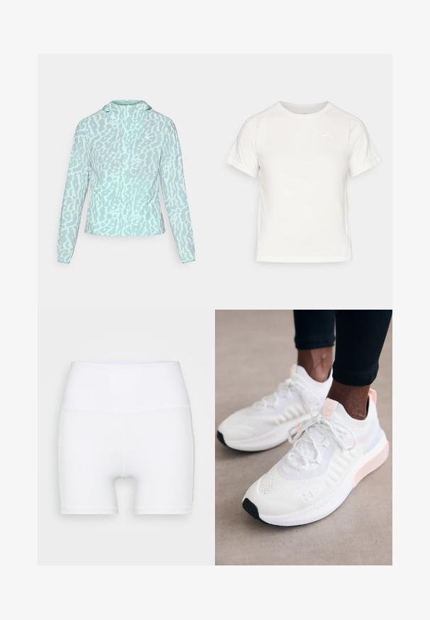 Šviesiai mėlynas švarkas su leopardo raštu, turintis gobtuvą ir ilgomis rankovėmis, pagamintas iš lygaus, lengvo audinio.; Lengvas baltas marškinėliai trumpomis rankovėmis, apvaliu kaklu ir maža logo viršutiniame kairiajame kampe. Lygus audinys su subtiliu blizgesiu.; Balti aukšto juosmens šortai, pagaminti iš elastingos medžiagos. Yra lygus paviršius ir prigludęs siluetas, be papildomų raštų ar detalių.; Under Armour PHANTOM 4 - Sportbačiai - white