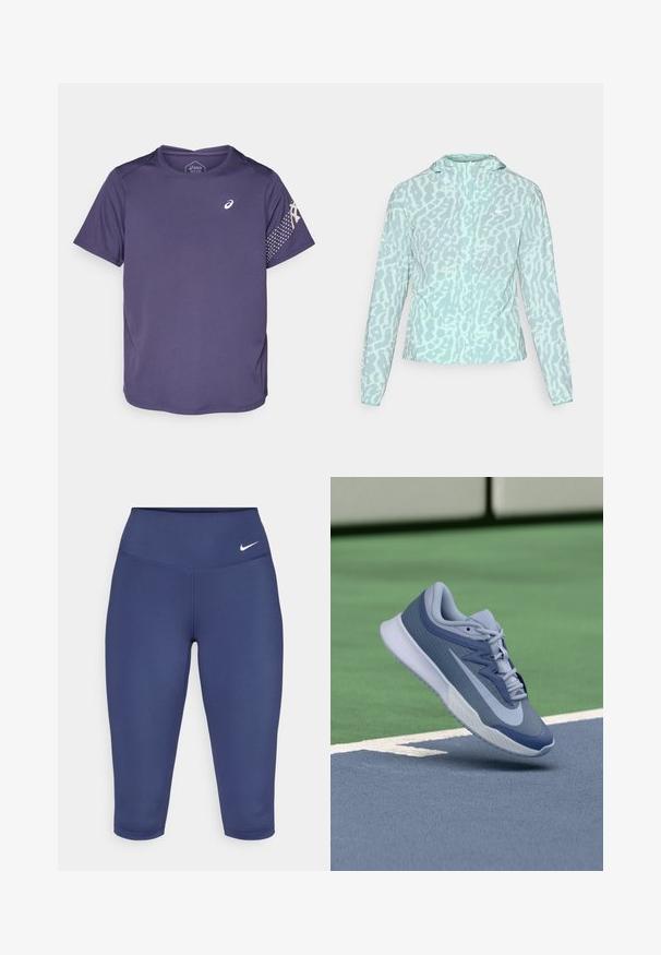 Svijetloplava jakna s uzorkom leopard, koja ima kapuljaču i duge rukave, izrađena je od glatkog, laganog materijala.; Ljubičasta sportska majica s kratkim rukavima, teksturirana tkanina, okrugli izrez i logo na prsima. Uzorak s točkicama na rukavu.; Tamnoplave capri tajice od rastezljivog materijala, s širokim pojasom i malim bijelim logotipom s lijeve strane. Nema vidljivih šavova.; Sportske tenisice u svijetloplavoj i tamnoplavoj boji, s teksturiranim gornjim dijelom, ravnim vezicama i laganim bijelim potplatom. Iznad su povišene u odnosu na teren.