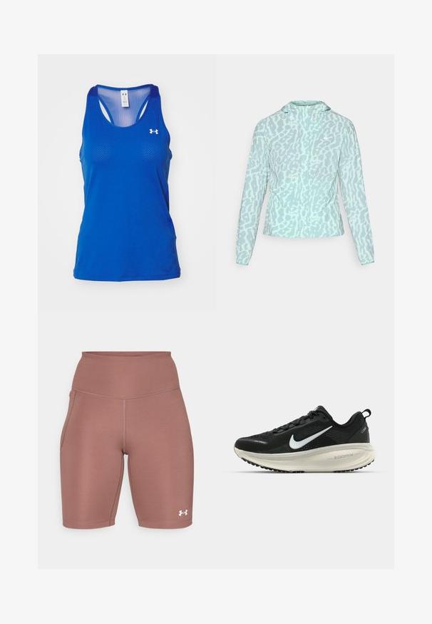 Casaco azul claro com padrão de estampado de leopardo, apresentando um capuz e mangas longas, feito de um tecido suave e leve.; Under Armour TECH RACER - Top - tech blue/white; Calções desportivos de cintura alta em rosa suave. Feitos de um tecido liso e elástico, com bolso lateral e detalhe do logótipo branco perto da bainha.; Sapatilha de corrida Nike preta com parte superior de malha respirável, logotipo Swoosh branco, detalhes texturizados e uma entressola ZoomX na cor creme.