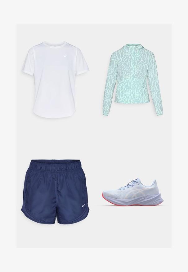 Svetlomodrá bunda s leopardím vzorom, s kapucňou a dlhými rukávmi, vyrobená z hladkej, ľahkej tkaniny.; Biely športový tričko, krátke rukávy, okrúhly výstrih, vyrobené z materiálu, ktorý odvádza vlhkosť, s malým logom na hrudi, ľahký materiál.; Námornícke športové šortky s elastickým pásom a bočnými sieťovanými panelmi. Obsahujú malé biele logo Nike v dolnom ľavom rohu.; Svetlomodrá športová obuv s textúrovaným sieťovým zvrškom, bielymi logovými akcentmi, polstrovanou podrážkou a ružovou podrážkou. Má elegantný, ergonomický dizajn.