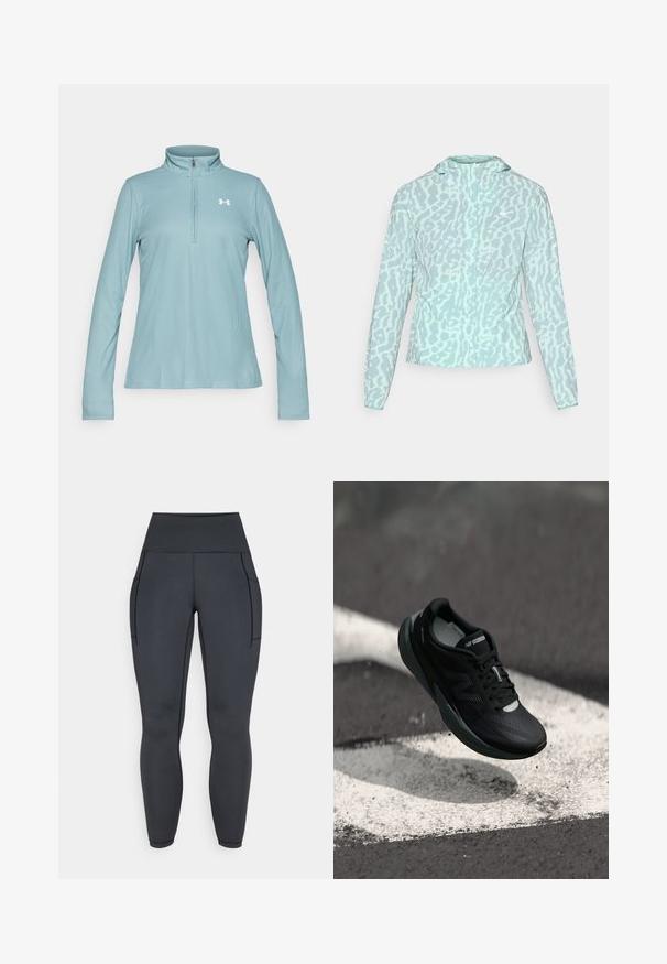 Světle modrá bunda s leopardím vzorem, s kapucí a dlouhými rukávy, vyrobená z hladké, lehké látky.; Světle modrý svetr s dlouhými rukávy a čtvrtinovým zipem. Vyrobený z texturované látky s žebrovaným vzorem. Obsahuje bílé logo na hrudi.; Černé legíny s vysokým pasem vyrobené z pružné, hladké látky. Mají dvě boční kapsy a kontrastní švy podél švů.; Černá běžecká bota s texturovaným svrškem, elegantním designem a reflexními akcenty. Nabízí měkkou, polstrovanou podrážku pro pohodlí.