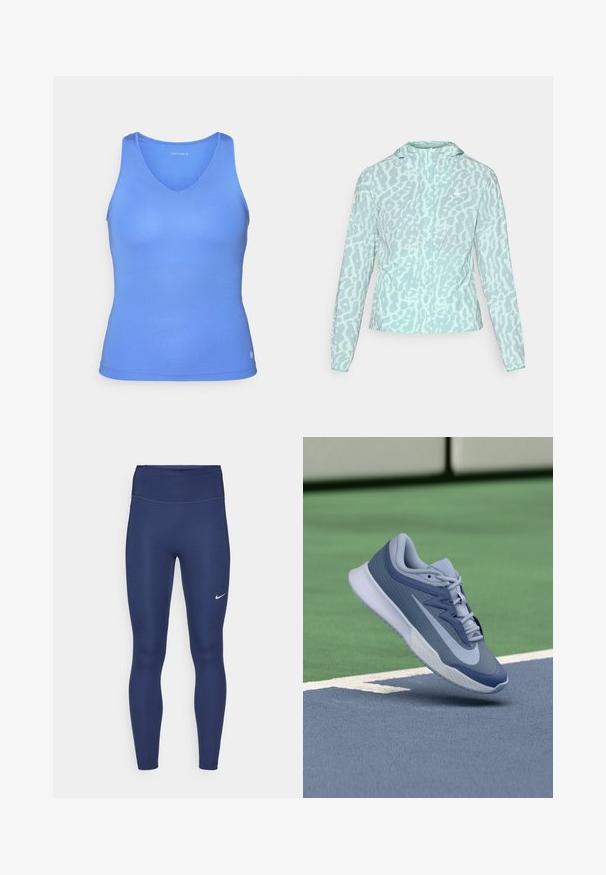 Casaco azul claro com padrão de estampado de leopardo, apresentando um capuz e mangas longas, feito de um tecido suave e leve.; Top de alças azul em V, feito de um tecido liso e elástico. Apresenta um corte ajustado e um sutil detalhe de logo na barra.; Leggings azul marinho com uma cintura alta, feitas de tecido elástico. Apresentam costuras subtis e um pequeno logo branco da Nike na coxa esquerda.; Sapatilhas desportivas em azul claro e azul marinho, com um topo texturizado, atacadores planos e uma sola leve branca. Elevadas acima de uma superfície de campo.