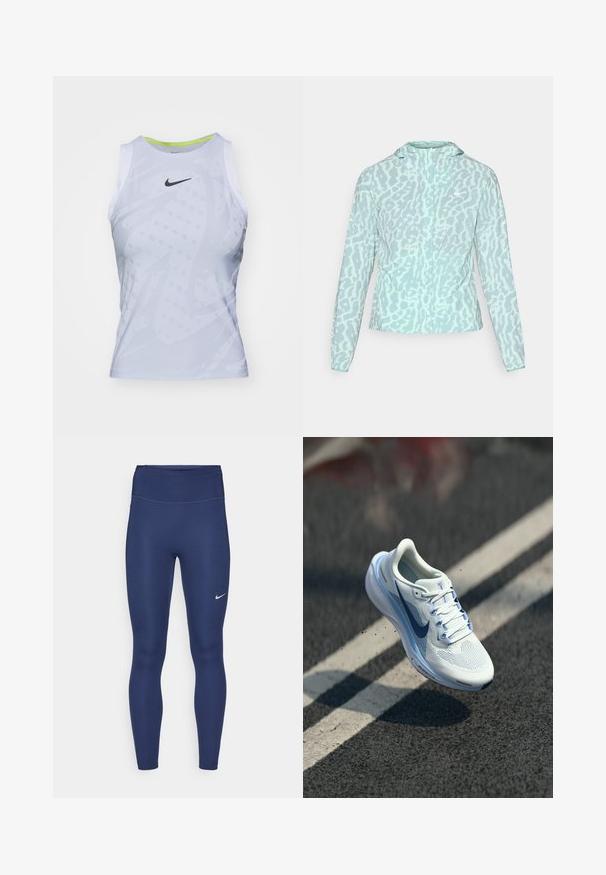 Giacca azzurra chiara con motivo a leopardo, dotata di cappuccio e maniche lunghe, realizzata in un tessuto liscio e leggero.; Top senza maniche leggero Nike di colore grigio chiaro con un sottile motivo frontale, scollatura rotonda e logo nero. Tessuto a maglia per una migliore traspirabilità.; Leggings blu navy con vita alta, realizzati in tessuto elasticizzato. Presentano cuciture sottili e un piccolo logo Nike bianco sulla coscia sinistra.; Scarpa sportiva bianca con tomaia in mesh traspirante e accenti blu. Caratterizzata da una suola ammortizzata e lacci piatti. La soletta mostra il marchio "Air Zoom".