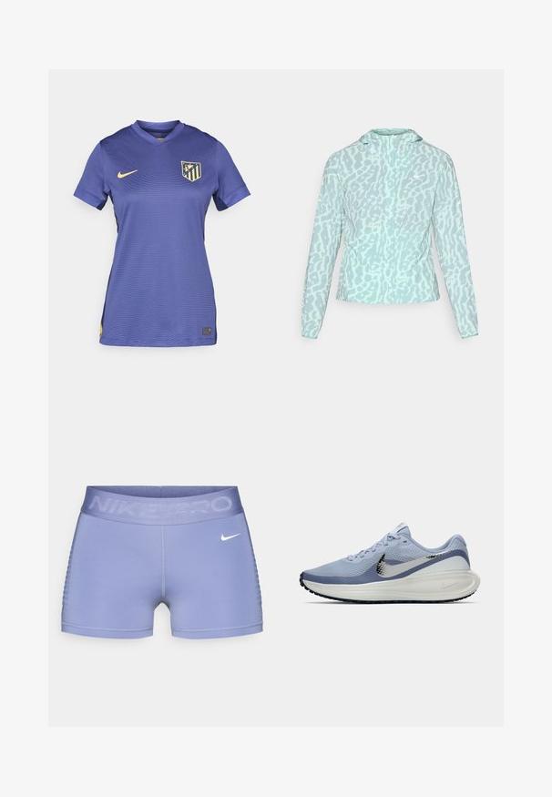 Gaiši zila jaka ar leoparda drukas rakstu, ar kapuci un garām piedurknēm, izgatavota no gludas, vieglas auduma.; Violeta futbola krekls ar V veida kakla izgriezumu, īsām piedurknēm, ar dzeltenu Nike logo un daudzkrāsainu komandas nozīmi uz krūtīm.; Nike Pro kompresijas šorti gaiši purpursarkanā krāsā, kas ir aprīkoti ar platām jostām ar "NIKE PRO" tekstu, gludu struktūru un rakstainiem sānu akcentiem.; Gaiši zila un balta Nike skrienošā apavi ar sudraba Swoosh logotipu, elpojošs sietiņaudums augšdaļā, mīksta zole un melna ārējā zole.