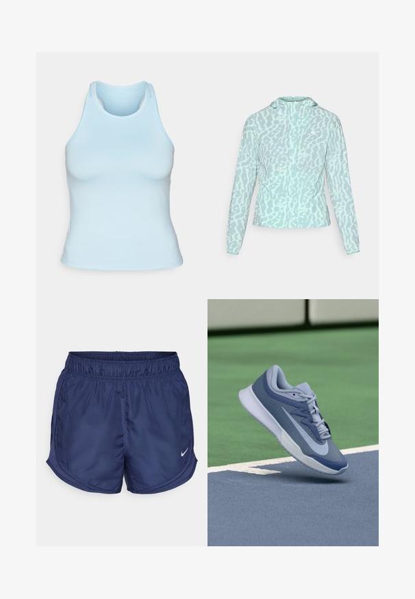 Light blue jacket with a leopard print pattern, featuring a hood and long sleeves, made from a smooth, lightweight fabric.; Light blue sleeveless tank top made of stretchy fabric, featuring a round neckline and racerback design, with a smooth, fitted silhouette.; Navy athletic shorts with an elastic waistband and side mesh panels. Features a small white Nike logo on the lower left side.; Sport sneaker in light blue and navy, featuring a textured upper, flat laces, and a lightweight white sole. Elevated above a court surface.