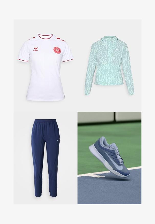 Lyseblå jakke med leopardsmønster, med hette og lange ermer, laget av et glatt, lett materiale.; Hvit sportsdrakt med korte ermer, røde detaljer, rød Hummel-logo på høyre bryst og rødt Dansk Boldspil-Union-emblem på venstre bryst.; Marineblå treningbukser med elastisk midje, tapered ben, laget av et lett stoff, med en liten sølvlogo på hoften.; Sportssko i lyseblå og marineblå, med en teksturert overdel, flate lisser og en lett hvit såle. Hevet over en baneflate.