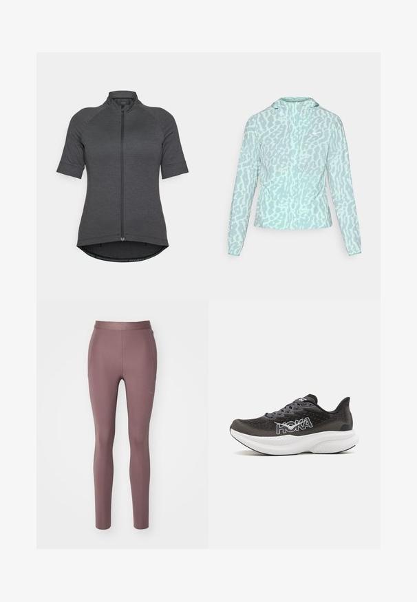 Lyseblå jakke med leopardsmønster, med hette og lange ermer, laget av et glatt, lett materiale.; Kortermet sykkeltopp i mørkegrå, med hel glidelås foran, raglanermer og buet nederkant med strukturert stoff.; HOKA NOVAFLY RUN - Løpetights - smokey quartz; Sorte og grå atletiske sko med mesh-overdel, polstret krage, tykk hvit mellomsåle og fremtredende HOKA-logo på siden. Lett design.