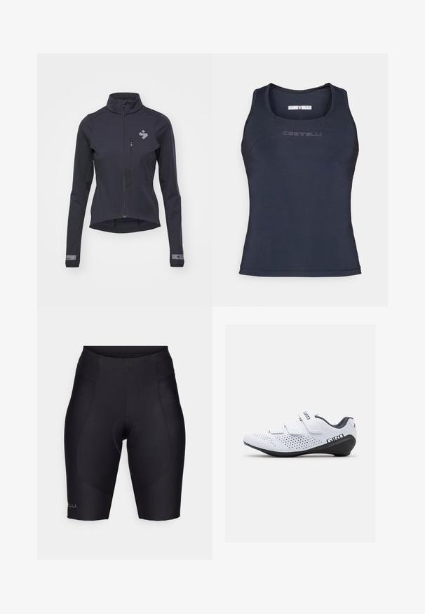 Tmavomodrá softshellová bunda s plným zipsom, vysokým golierom, priliehavým strihom a reflexným logom na hrudi a manžetách. Hladká textúra a nízka hmotnosť.; Námornícky modrý športový top s tenkým ramienkom, vyrobený z hladkej, elastickej látky. Má okrúhly výstrih a jemné logo na hrudi.; Čierne cyklistické šortky z elastického materiálu, so zateplenou vložkou, elastickým pásom a hladkými švami pre štíhly strih.; Giro STYLUS - Cyklistická obuv - white