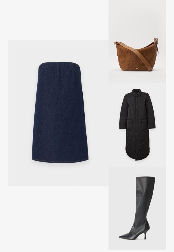 Svart kviltad lång kappa med spetsig krage, knappstängning fram och två påsydda fickor. Slät textur med diamantekonomi.; Mörk denim utan axlar kjol med rak silhuett, prydd med ljus sömnad längs fållen och sidsömmarna för extra detalj.; Knähöga svarta läderstövlar med spetsig tå och smal stilettklack. Slät textur med en åtsittande design och sömnad vid övre kanten.; Brun mocka axelväska med präglande blommönster, kompletterad med ett slätt brunt läderhandtag och akcenter i guldton.