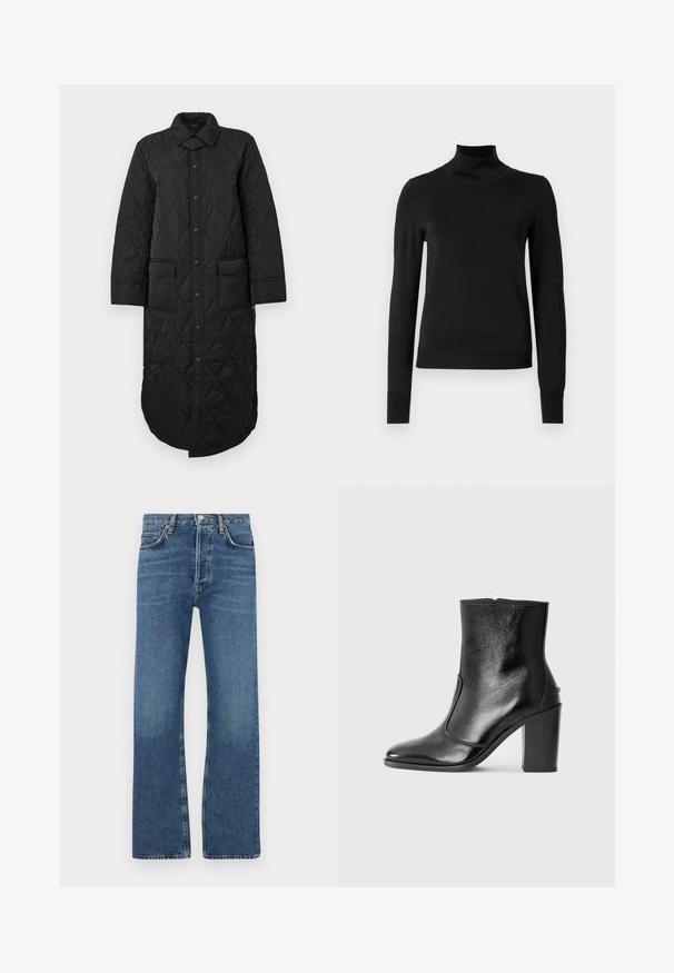 Černý prošívaný dlouhý kabát s špičatým límcem, předním zapínáním na knoflíky a dvěma našitými kapsami. Hladký povrch s diamantovým vzorem.; Černý dlouhý rukáv rolák se žebrovanými manžetami a lemem, vystavený na čistě bílém pozadí.; Modré džíny z denimu, se střihem rovného nohavice, pěti kapsami, zapínáním na knoflíky a jemně vybledlými místy na stehnech.; Černé kožené kotníkové boty s hladkou texturou, špičatou špičkou a robustním vysokým podpatkem. Mají boční otvor a minimalistický design.